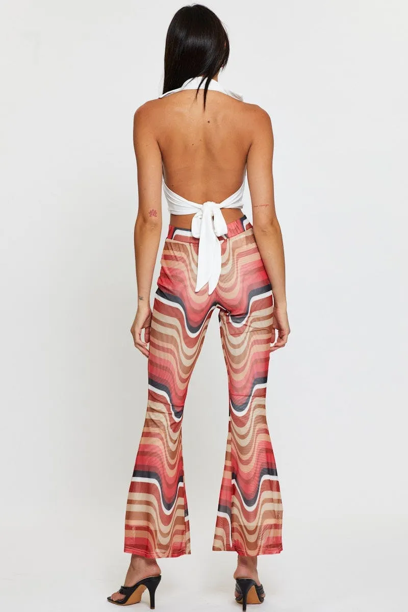 Abstract Print Flare Pants Elastic Waist