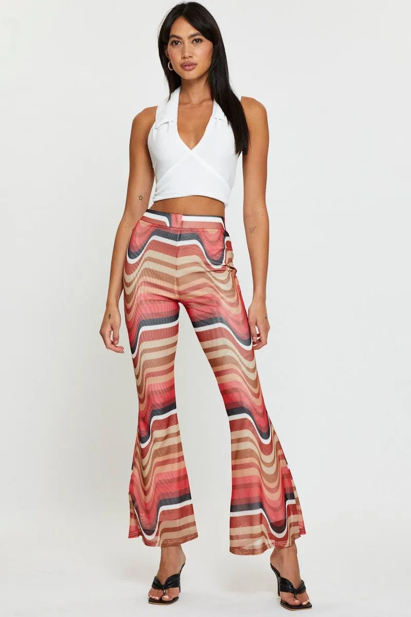 Abstract Print Flare Pants Elastic Waist