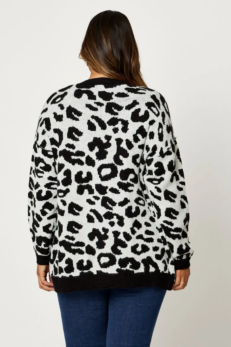 Animal Print Knit Cardigan Long Sleeve Longline