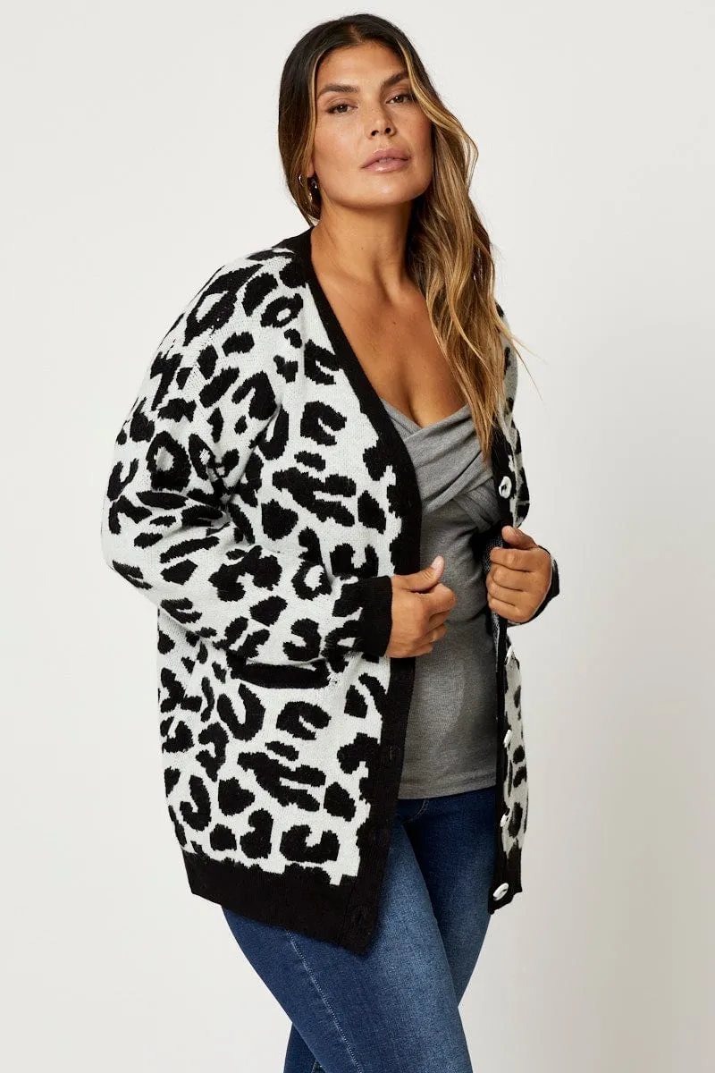 Animal Print Knit Cardigan Long Sleeve Longline