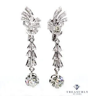 Art Deco GIA 3.25ct OLD European cut Diamond Drop Dangling EARRINGS