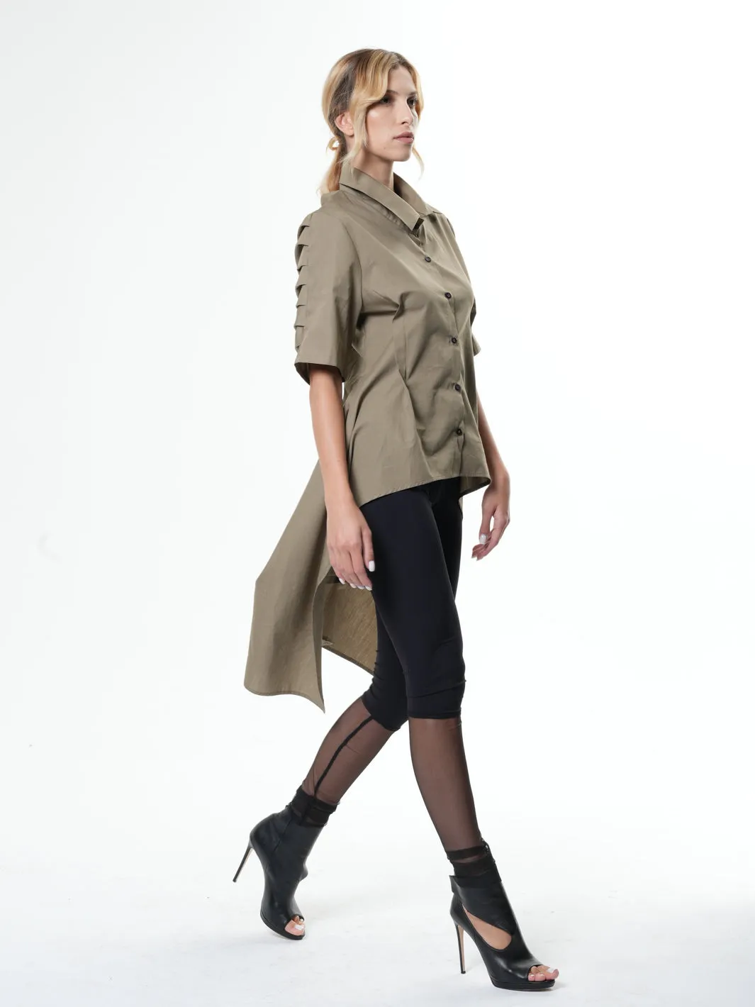 Asymmetric Shirt With Open Back In Khaki