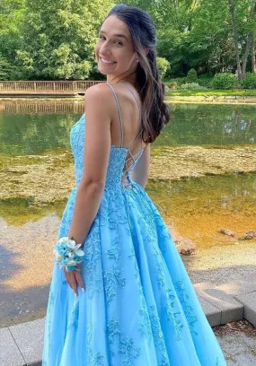 Blue Lace Prom Dress Long,  Formal Ball Dress, Evening Dress, Dance Dresses, School Party Gown, PC0957