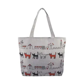 Cat's City Illustration Canvas Tote Bag - Gray