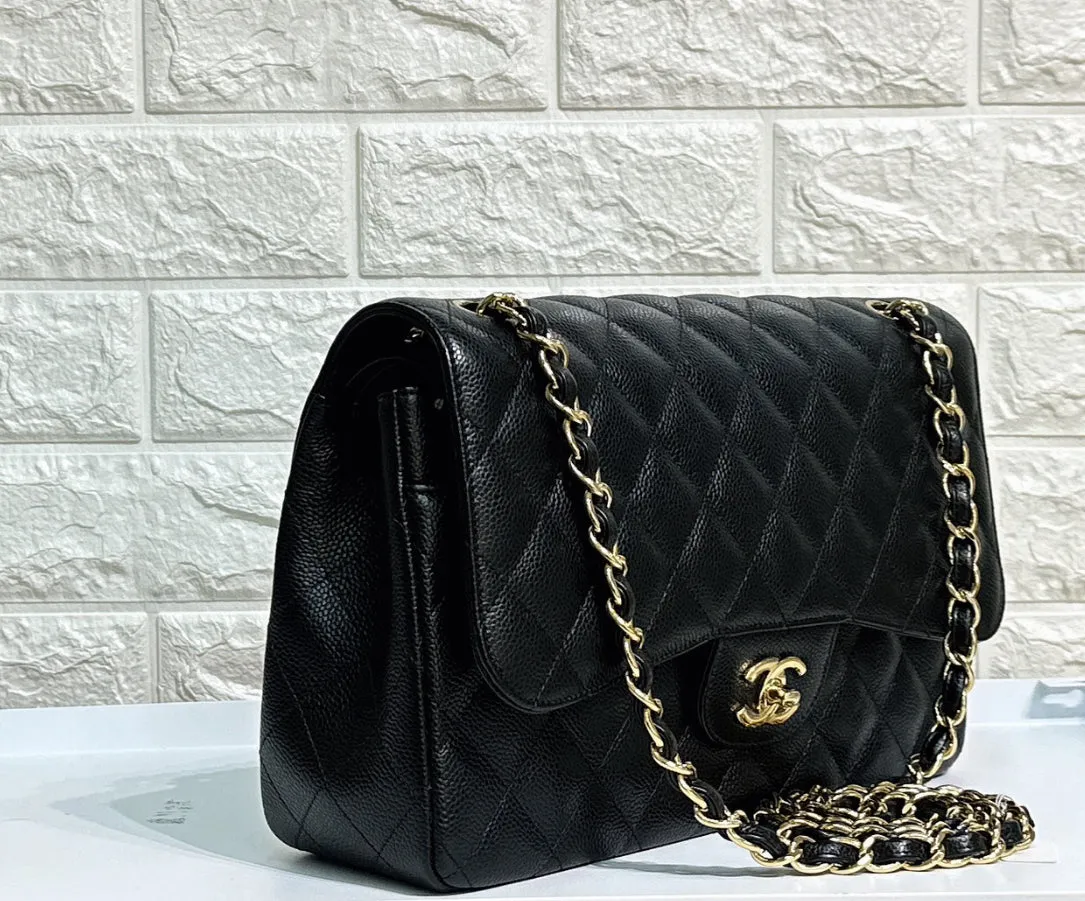 Chanel Jumbo Classic Double Flap Bag Black Caviar Gold Hardware