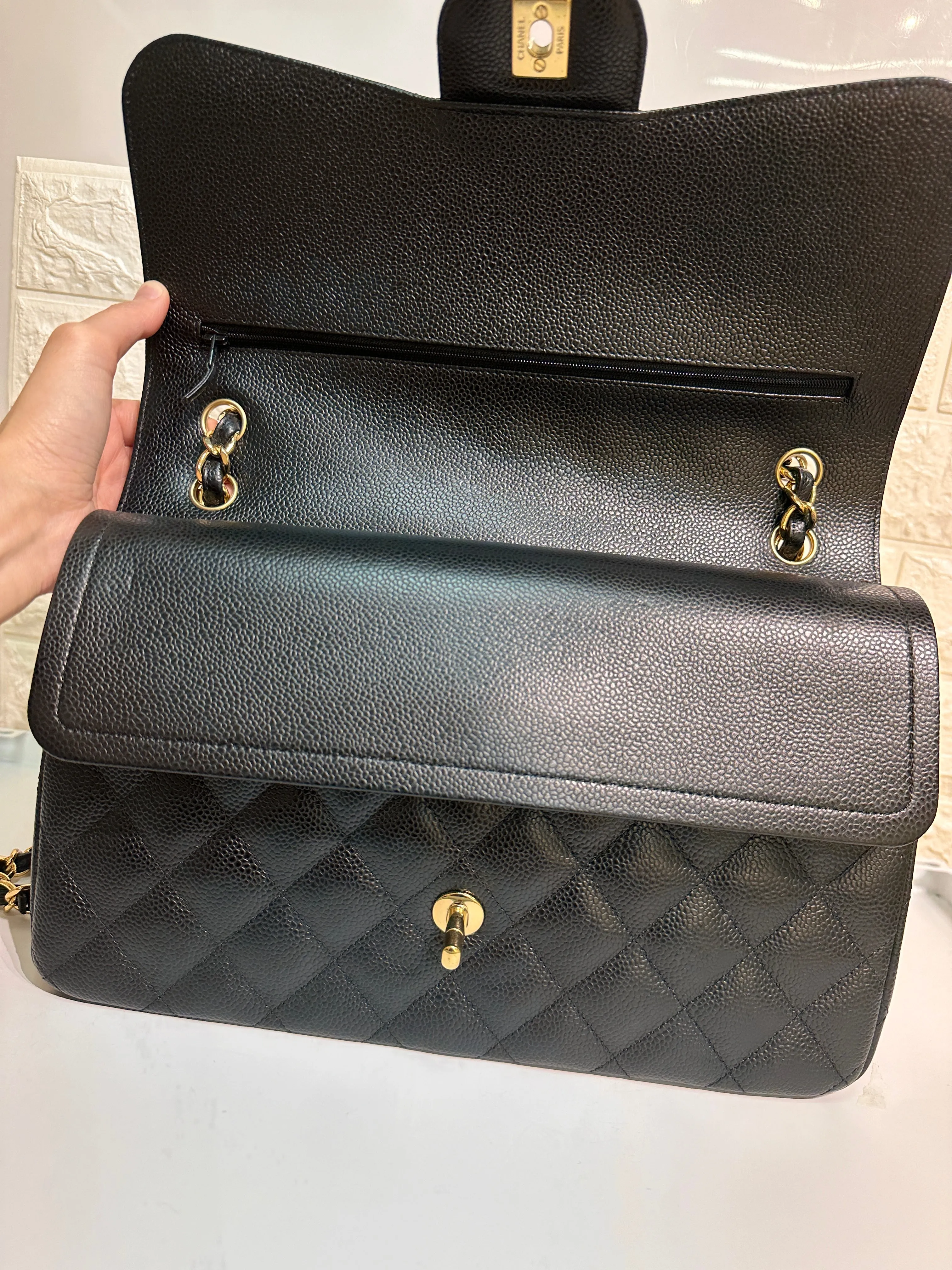 Chanel Jumbo Classic Double Flap Bag Black Caviar Gold Hardware