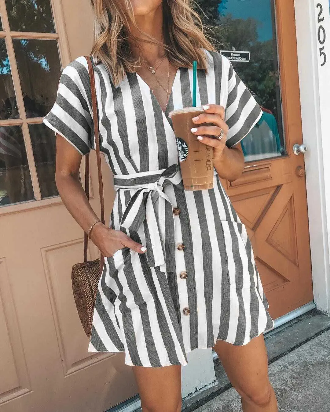 Classic Casual Deep V Neck Tie Waist Vertical Striped Bodycon dress