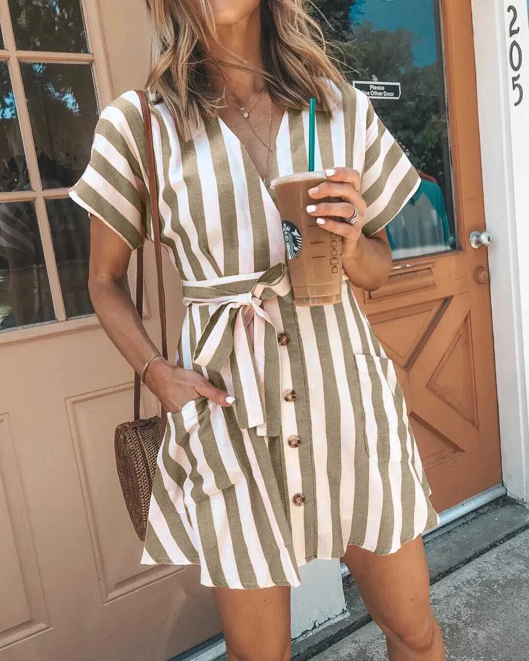 Classic Casual Deep V Neck Tie Waist Vertical Striped Bodycon dress