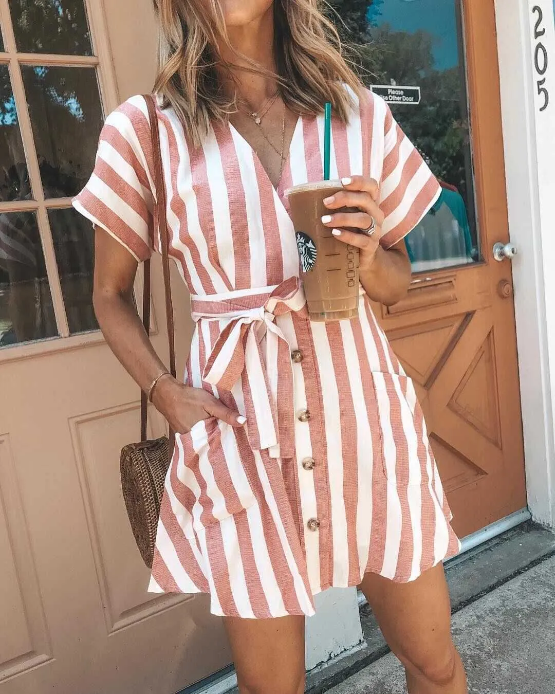 Classic Casual Deep V Neck Tie Waist Vertical Striped Bodycon dress