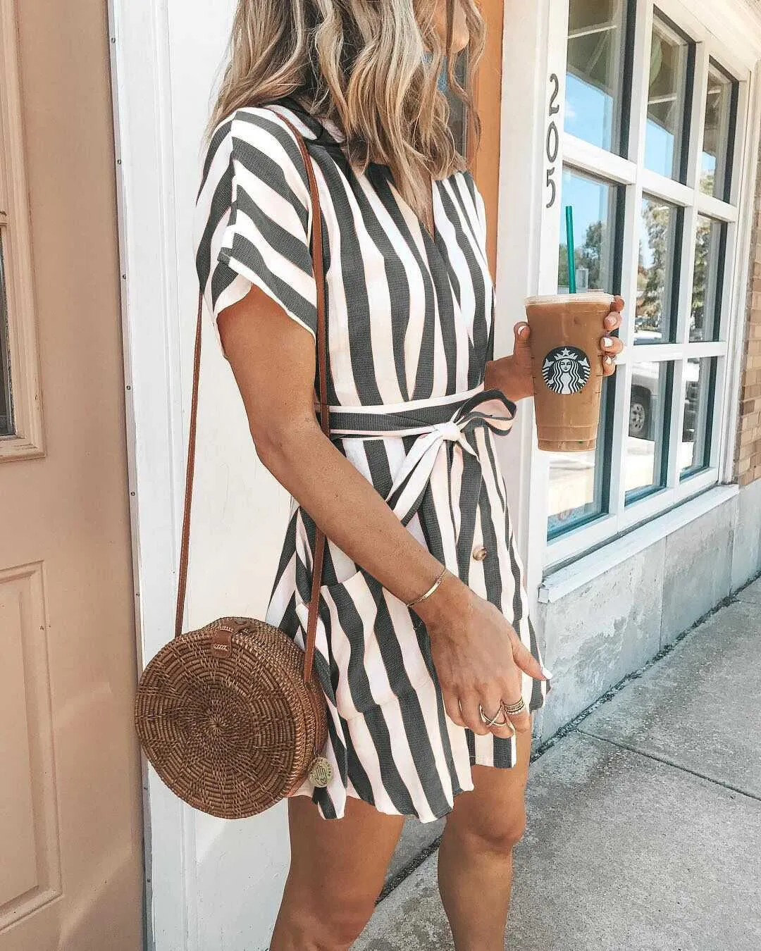 Classic Casual Deep V Neck Tie Waist Vertical Striped Bodycon dress