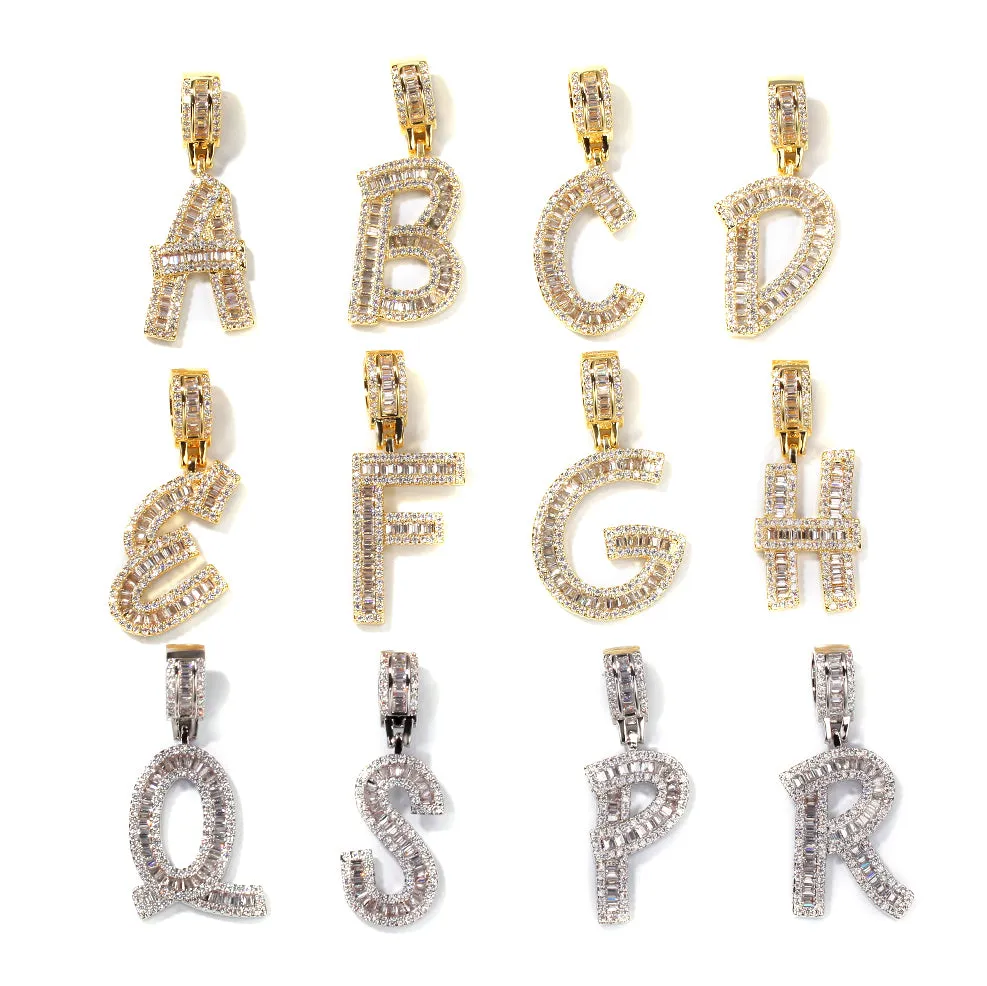 Custom Name Plate Iced Out cz Baguette Diamonds Letter Necklace