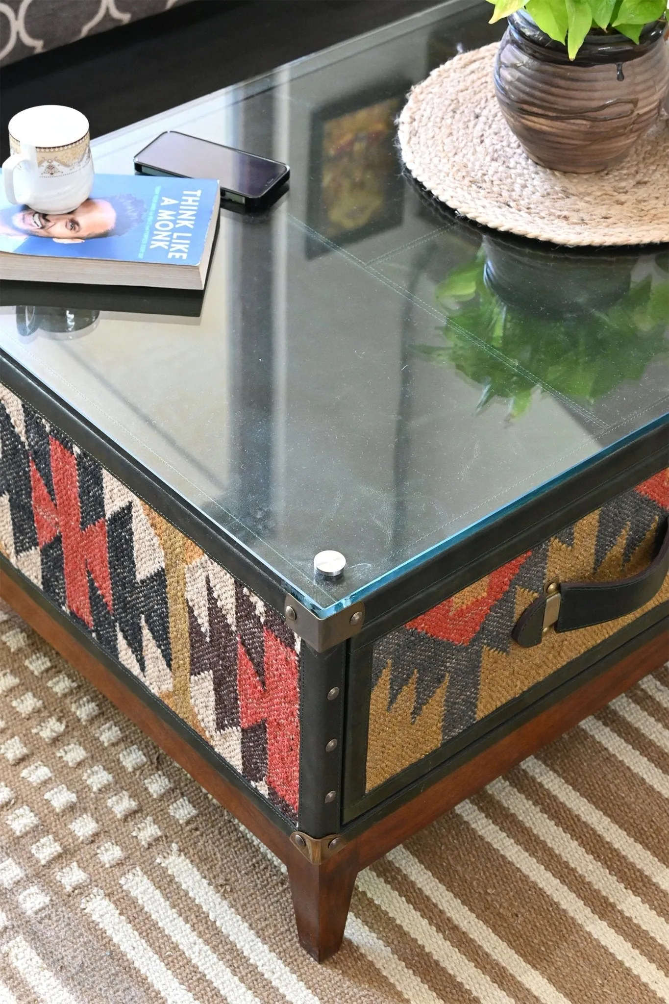 EVELYN  COFFEE TABLE IN KILIM & LEATHER