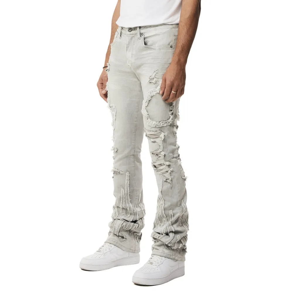 Flame Applique Heavy R&R Stacked Denim Jeans - Cloud Grey