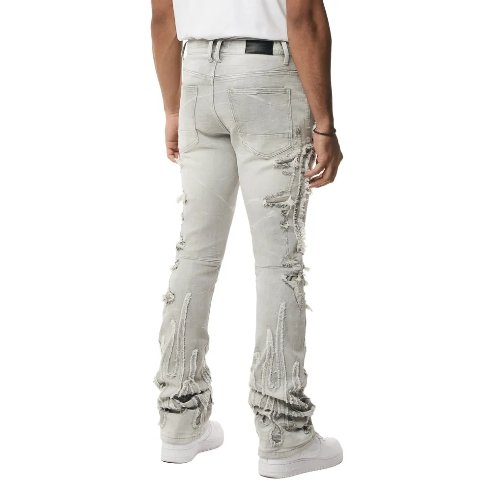 Flame Applique Heavy R&R Stacked Denim Jeans - Cloud Grey