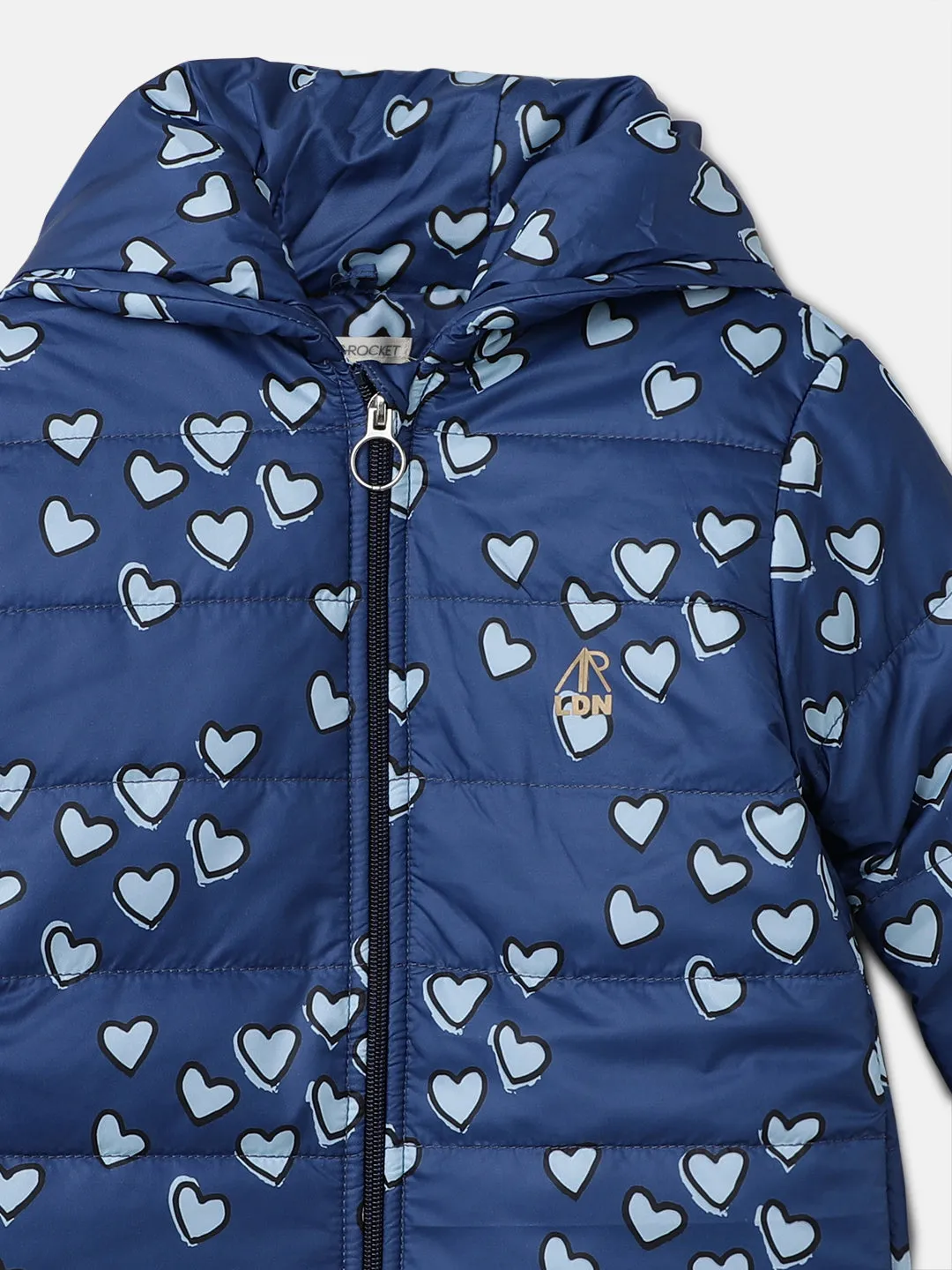 Girls Heart Printed Blue Jacket with Hood