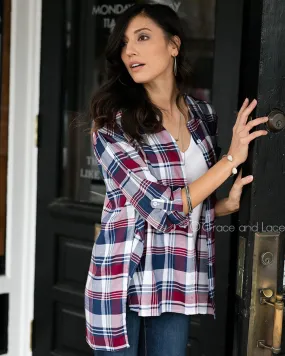 Grace & Lace Boyfriend Plaid Button Down (Plum/Navy)