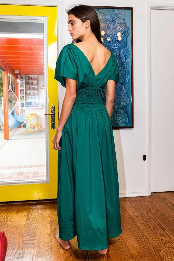 GREEN SMOCKED WAIST V-NECK MAXI DRESS WITH POCKETS