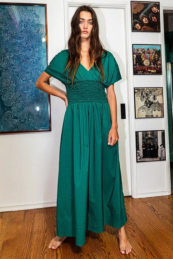 GREEN SMOCKED WAIST V-NECK MAXI DRESS WITH POCKETS