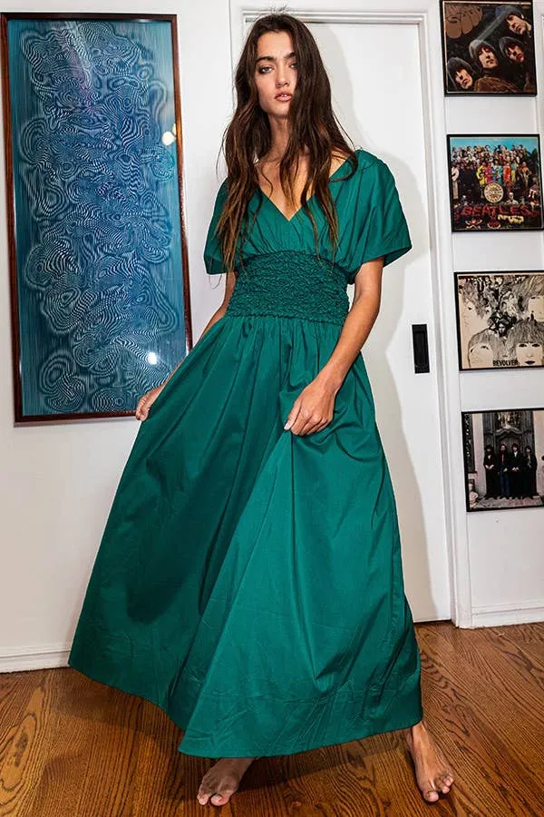 GREEN SMOCKED WAIST V-NECK MAXI DRESS WITH POCKETS