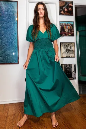 GREEN SMOCKED WAIST V-NECK MAXI DRESS WITH POCKETS