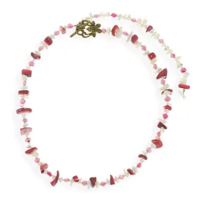 Handmade Short Necklace With Corals Red & Fuchsia & Freshwater Pearls