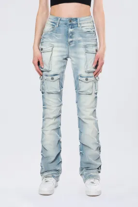 High Rise Stacked Cargo Jeans - Santorini Blue