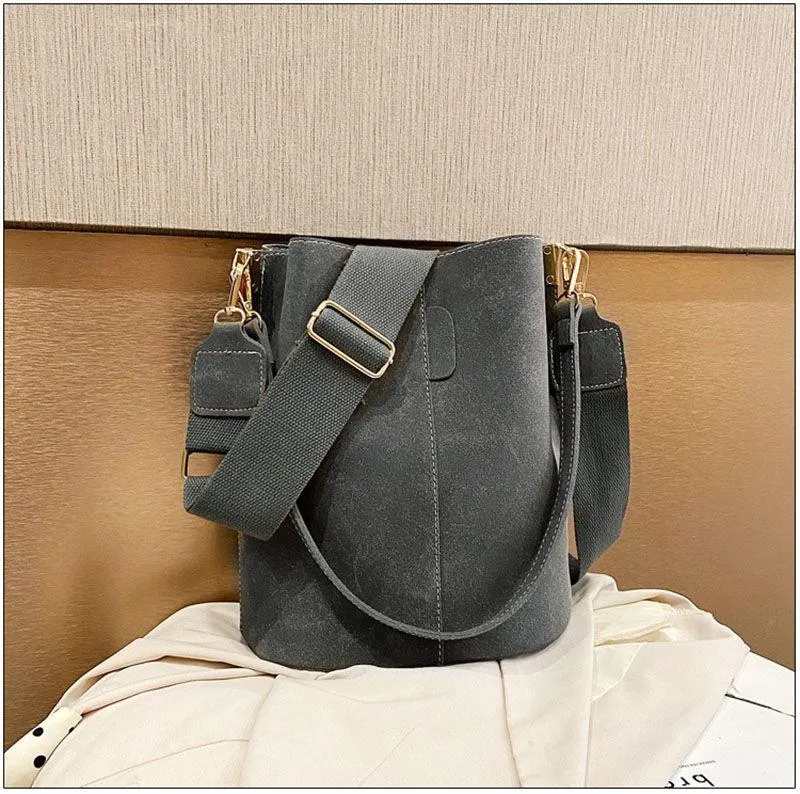 Italian Design Carryall Faux Suede Leather Bucket Bag