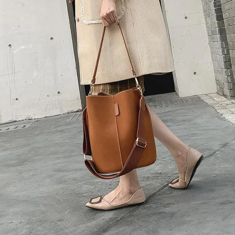 Italian Design Carryall Faux Suede Leather Bucket Bag