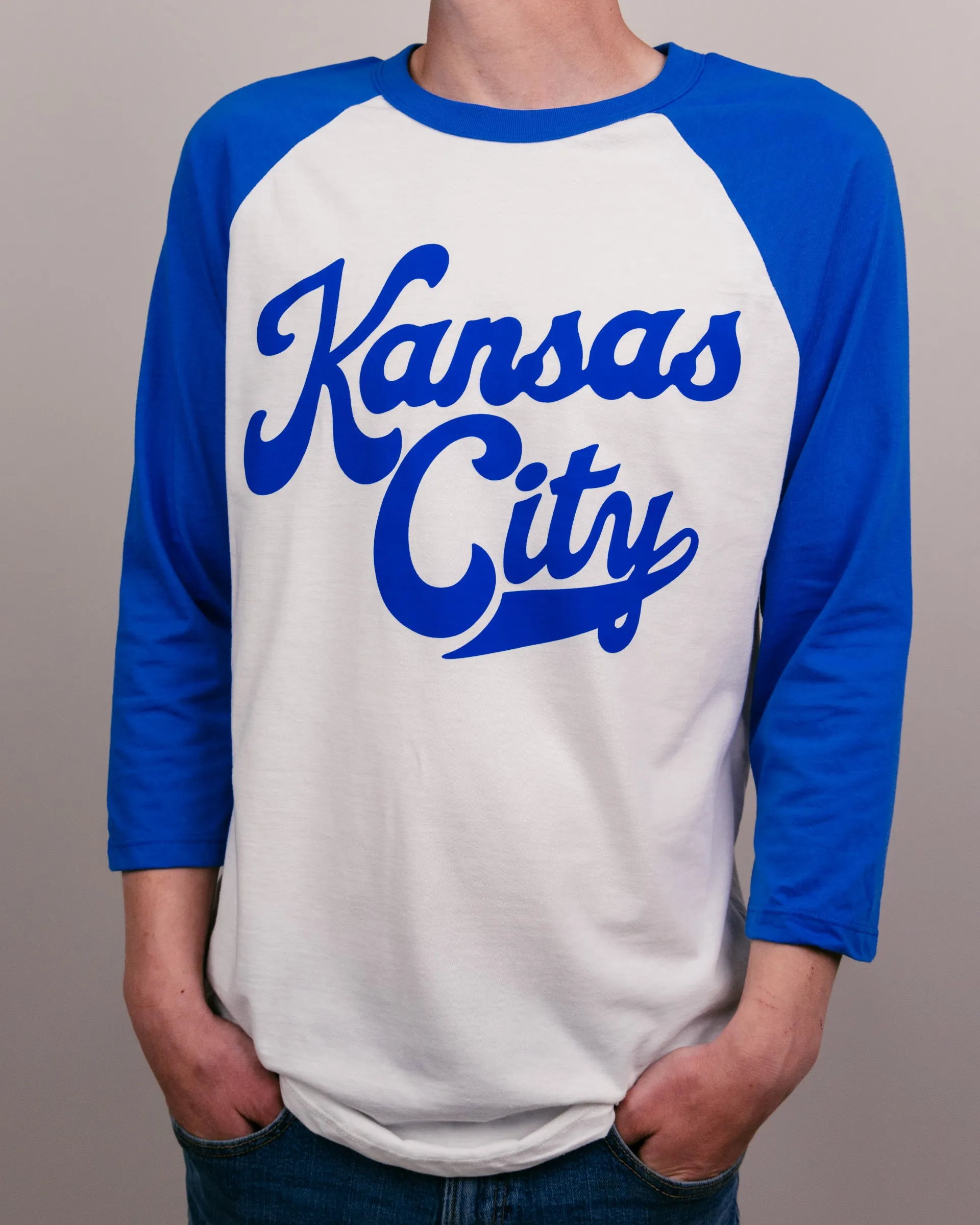 Kansas City Script White & Royal Raglan