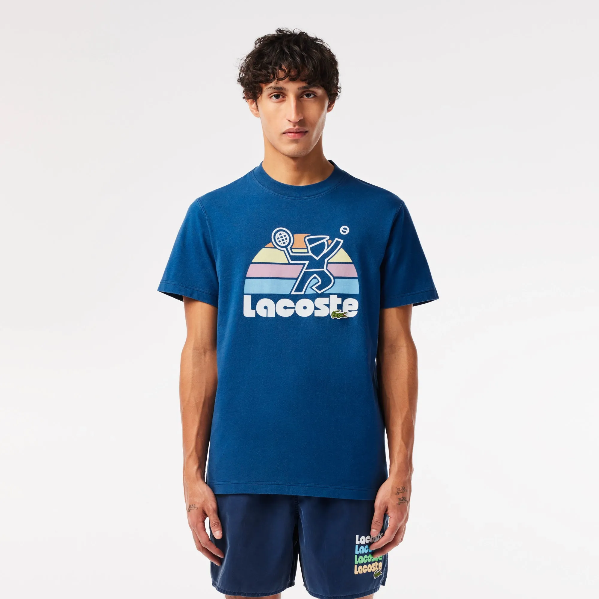 LACOSTE Men's Washed Effect Tennis Print T-shirt- Blue