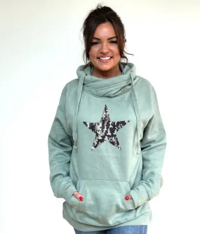 Luxury Cowl Neck Silver Camo Star Hoodie - Sage