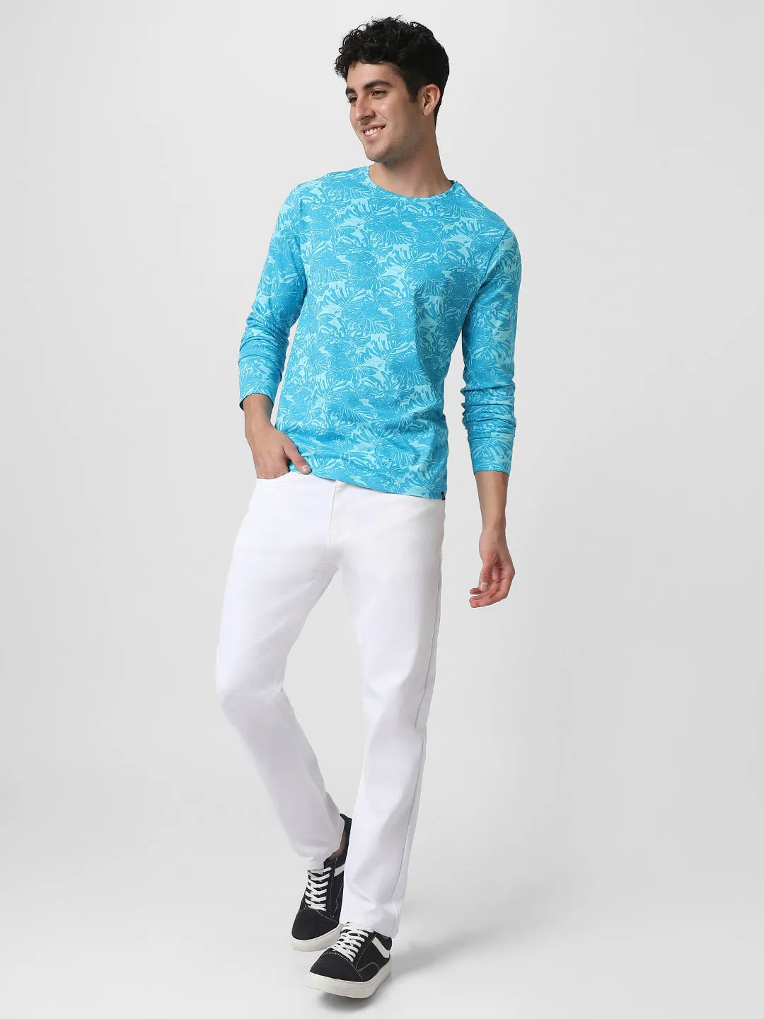 Men's Aqua Blue Printed Full Sleeve Slim Fit Cotton T-Shirt