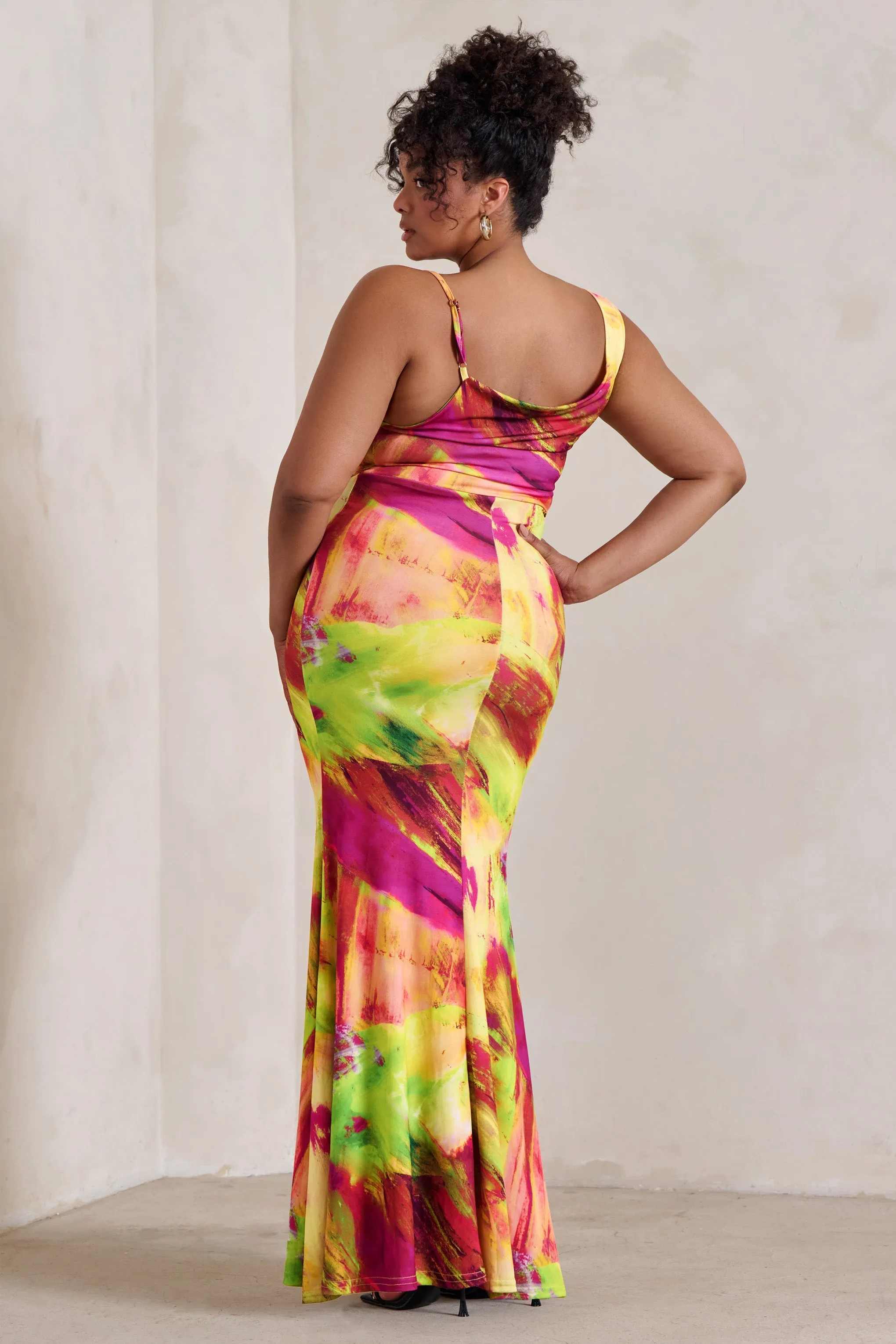 Phantasy | Lime Print Asymmetric Neckline Cowl Maxi Dress