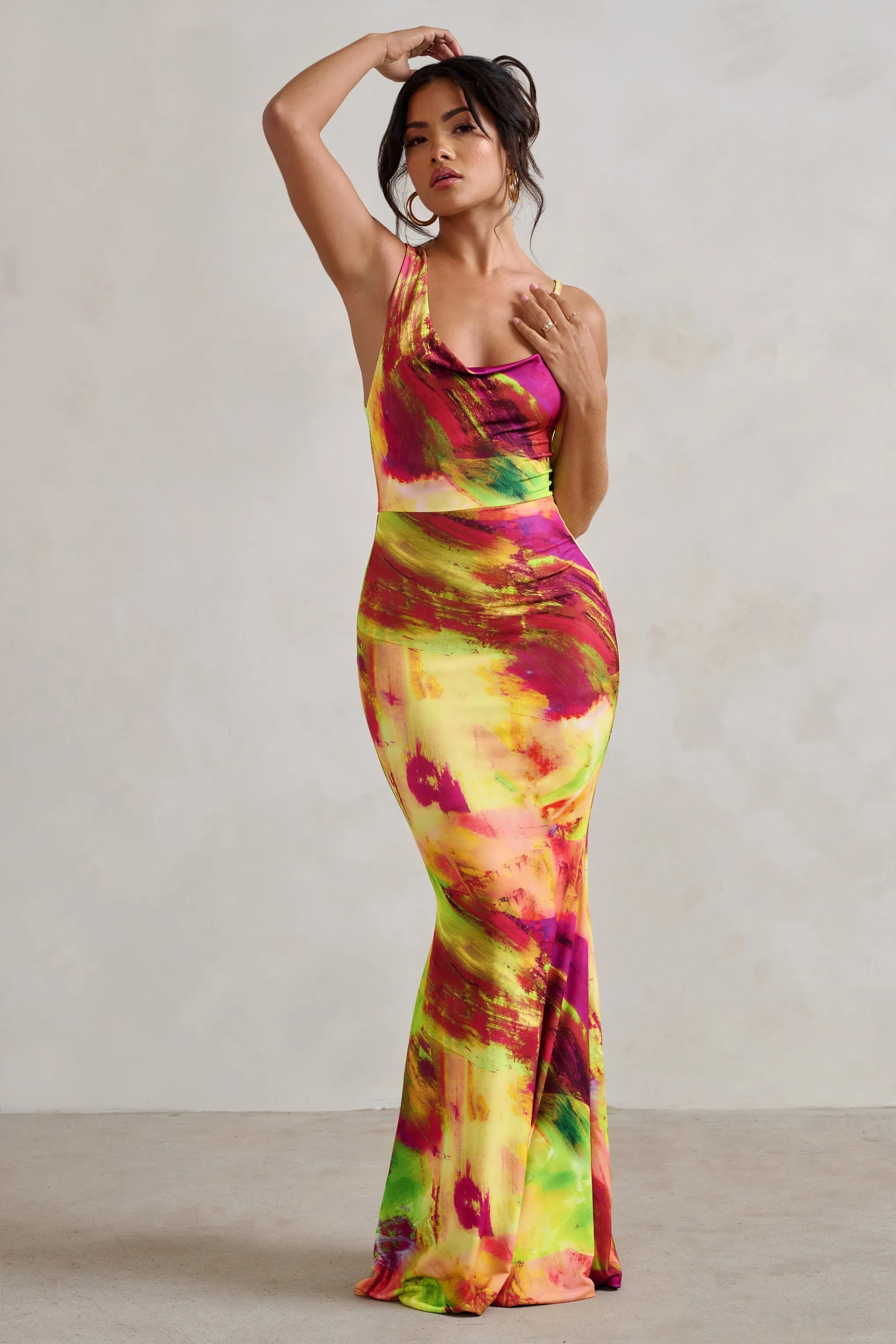 Phantasy | Lime Print Asymmetric Neckline Cowl Maxi Dress