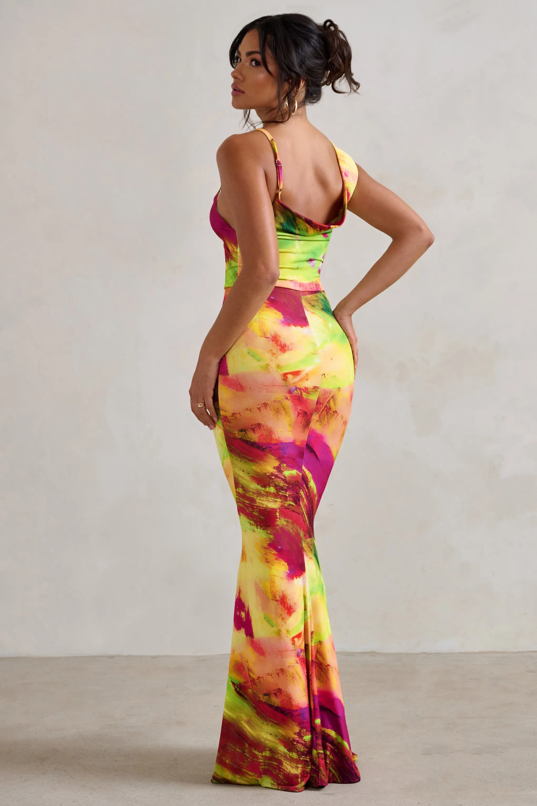 Phantasy | Lime Print Asymmetric Neckline Cowl Maxi Dress