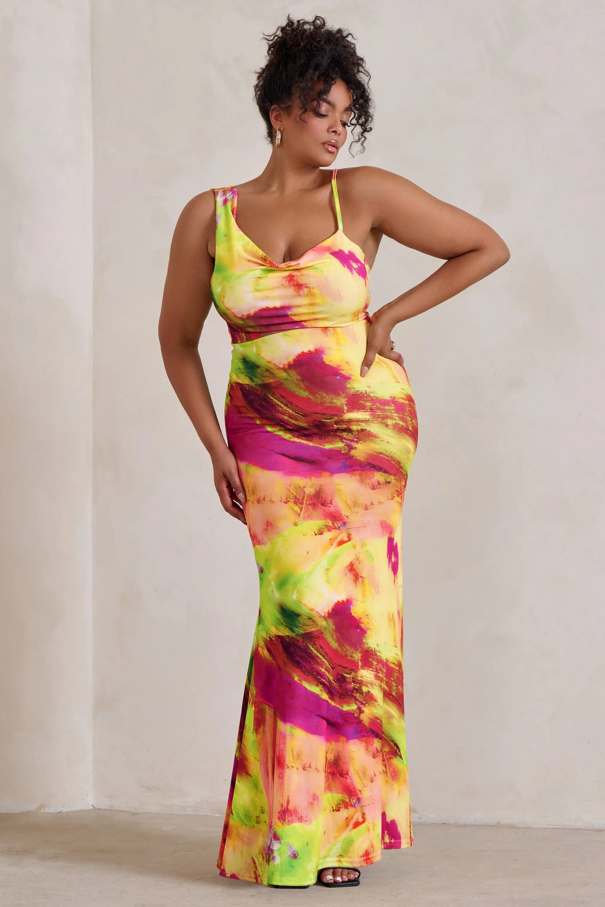 Phantasy | Lime Print Asymmetric Neckline Cowl Maxi Dress