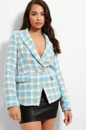 Plaid Boucle Military Buttons Blazer