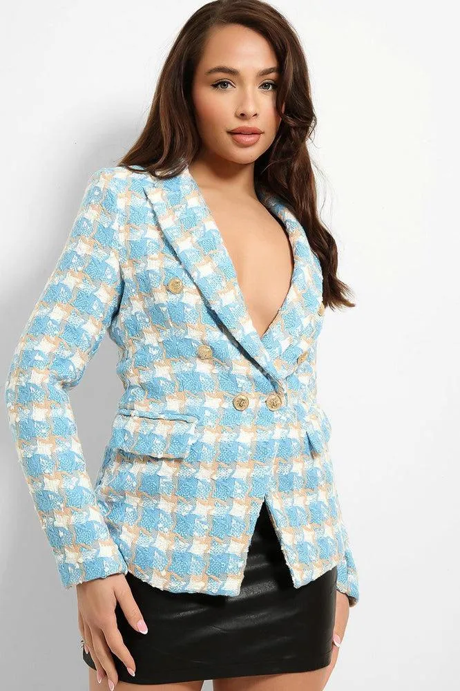 Plaid Boucle Military Buttons Blazer