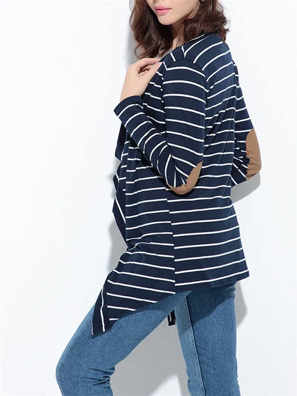 Striped Cardigan Top With PU Elbow Patch