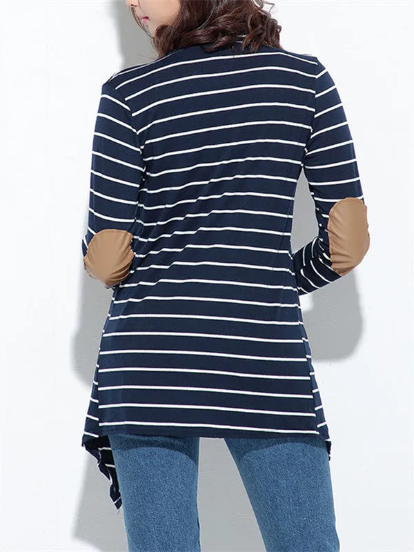 Striped Cardigan Top With PU Elbow Patch