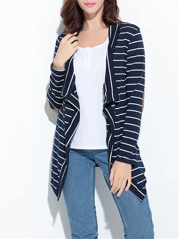 Striped Cardigan Top With PU Elbow Patch