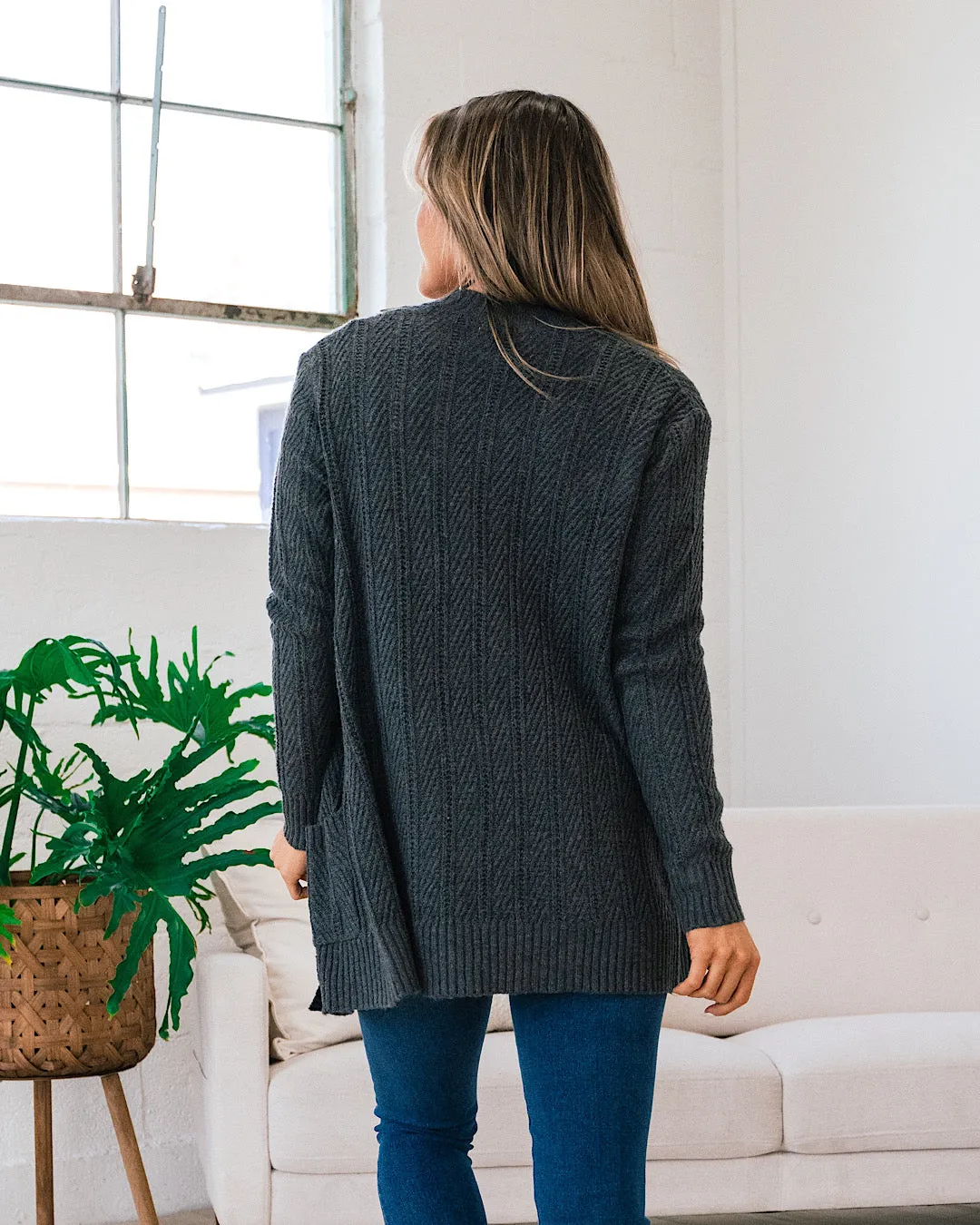 Textured Open Front Cardigan - Charcoal