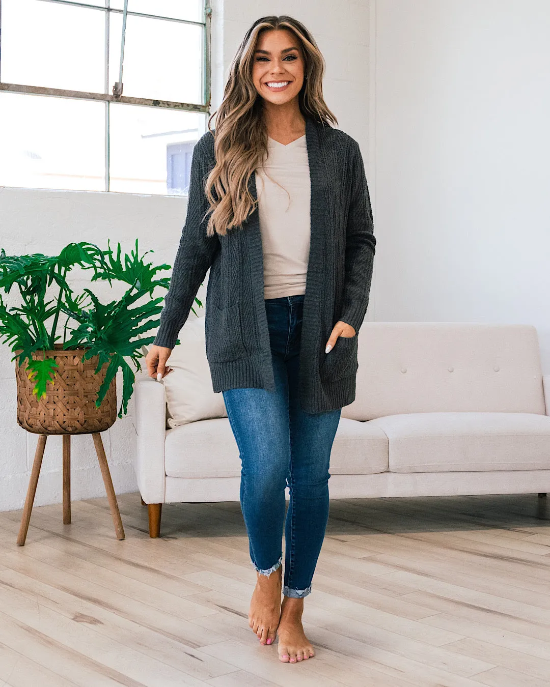 Textured Open Front Cardigan - Charcoal