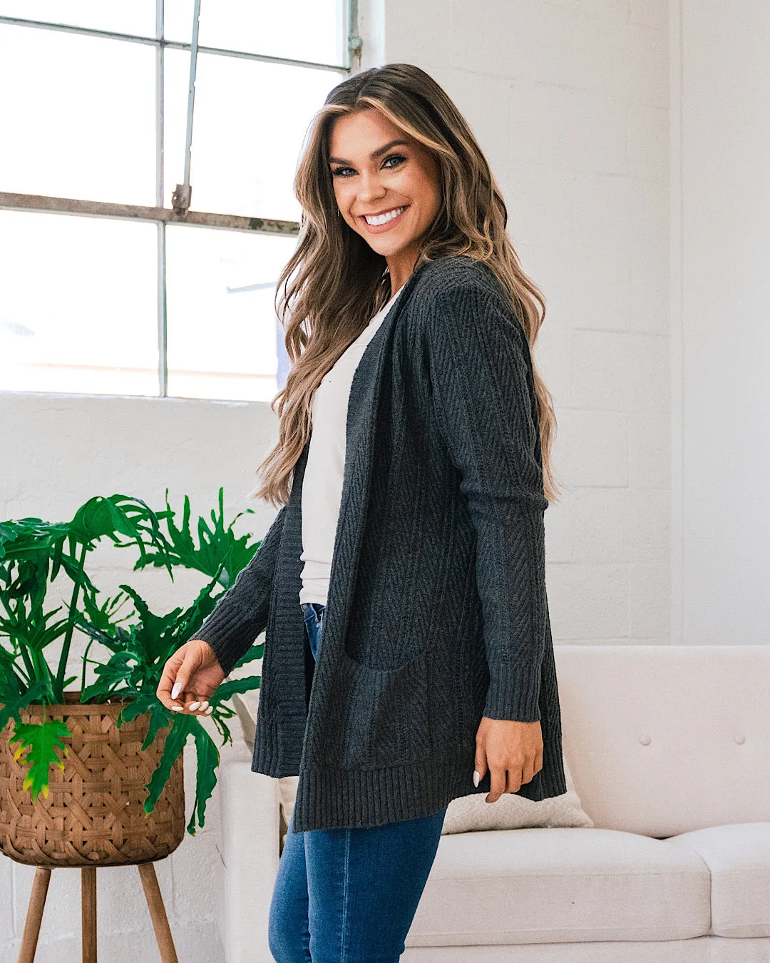 Textured Open Front Cardigan - Charcoal