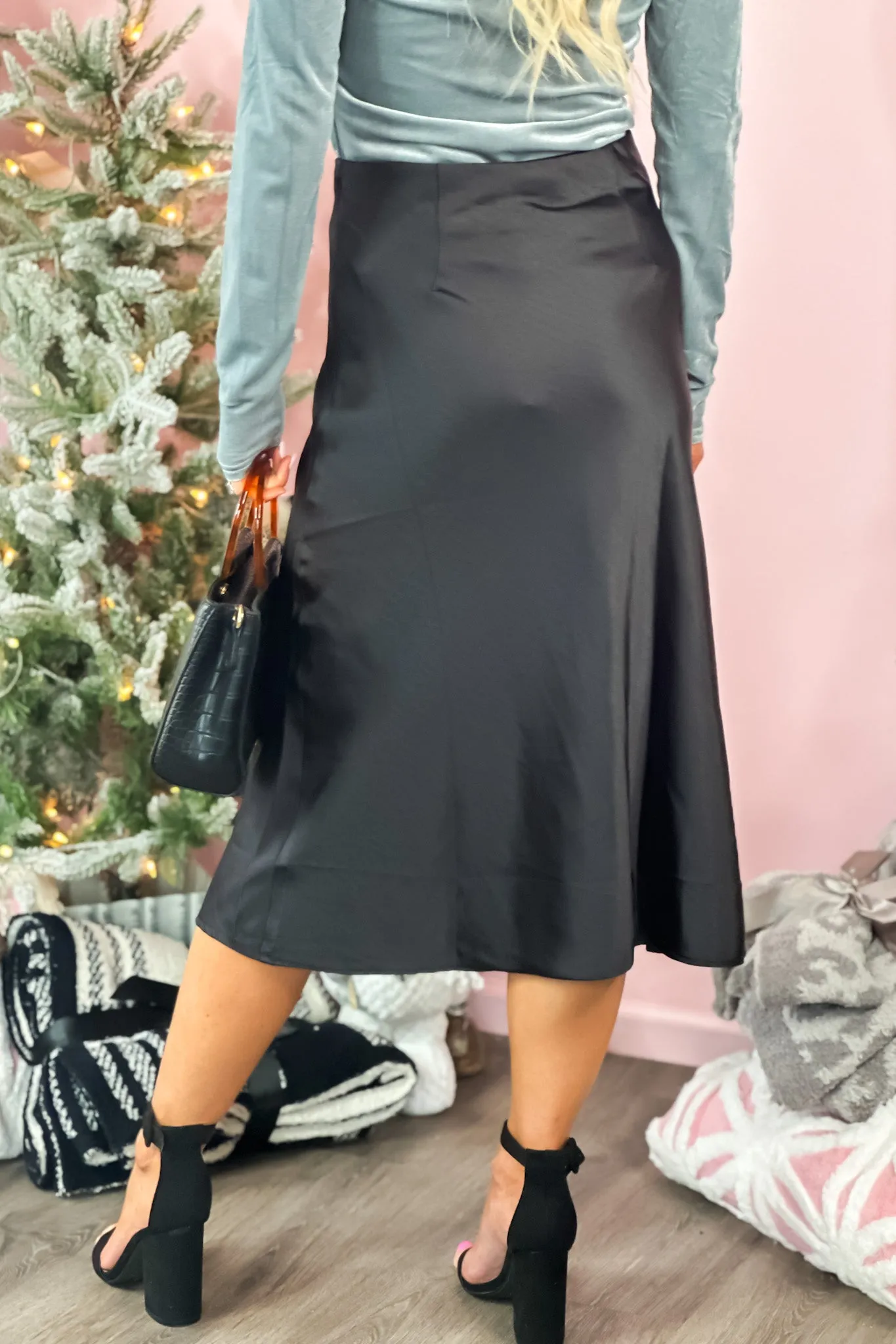 The Only One Satin Pull On Midi Skirt : Black